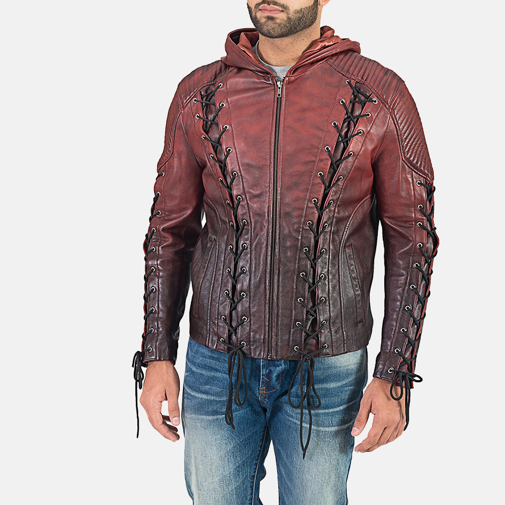 Mens Red Hooded Leather Jacket
